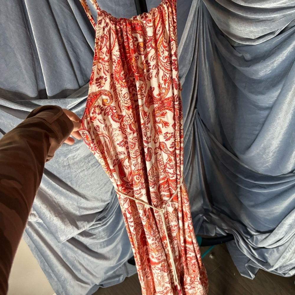 Lucky Brand Red Orange and Cream Paisley boho Maxi Dress
